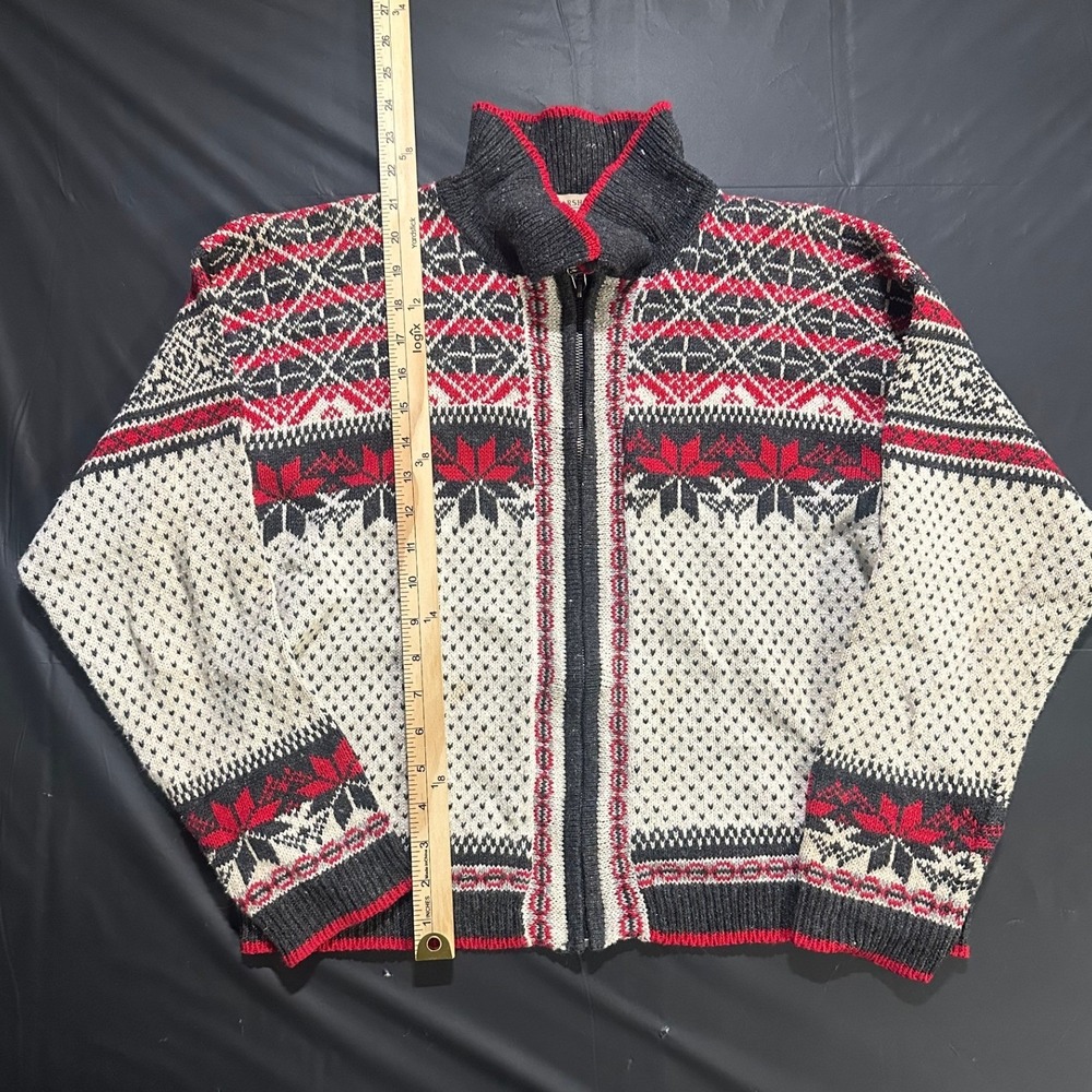Marsh Landing Vintage Nordic Fair Isle Full Zip Sweater Grey Red Size M